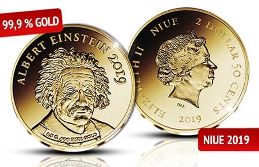 Золотая монета «Альберт Эйнштейн» по эмитенту Ниуэ