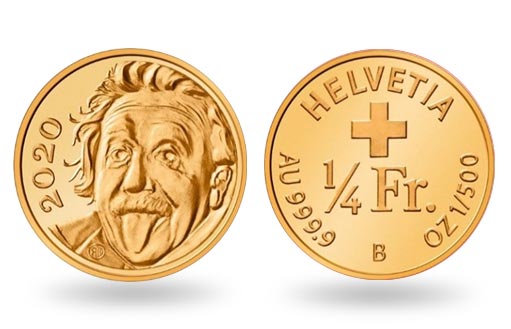 портрет Эйнштейна на золотой памятной монете Швейцарии