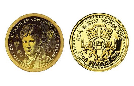 монета из золота в честь немецкого исследователя и путешественника Александра фон Гумбольдта