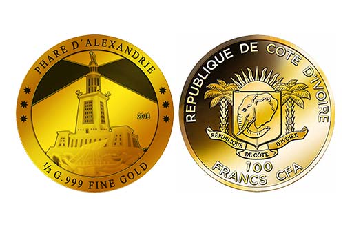 Чудо света Александрийский маяк на золотых монетах Кот-д’Ивуара