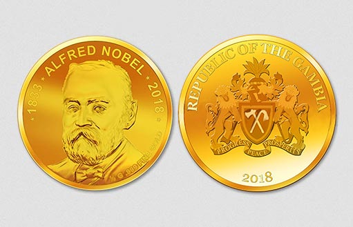 Альфред Нобель на золотых монетах африканского государства Гамбия