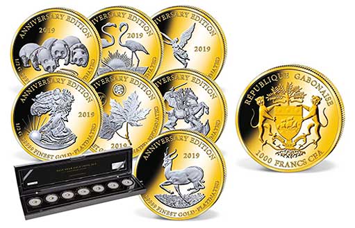 золотые монеты с дизайном знаменитых инвестиционных монет мира от Габона