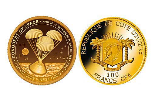 Золотая монета в честь успешного завершения миссии «Аполлон 11»