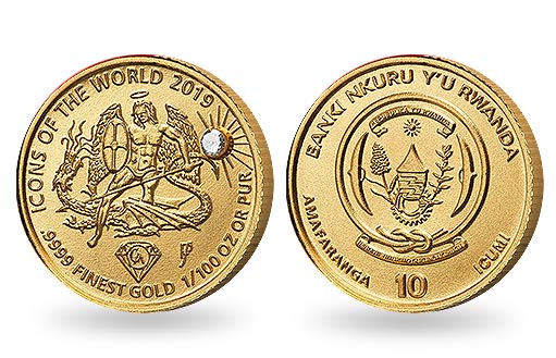 Архангел Михаил на золотой монете Руанды с бриллиантом