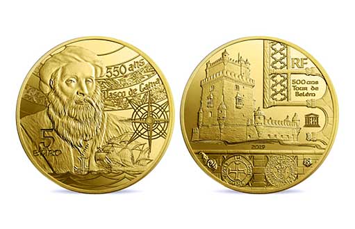 Три золотые монеты, посвященные Башне Белен и мореплавателю Васко Да Гама