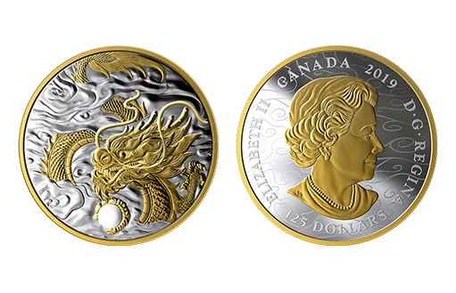 канадская монета с драконом и позолотой