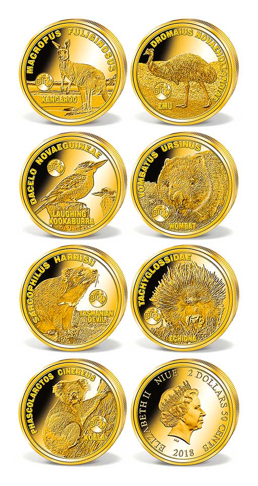 Семь символов животного мира Австралии на золотых монетах Ниуэ