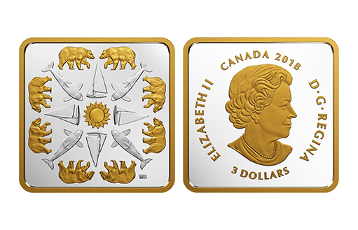  Серебряная монета квадратной формы, посвященная побережью страны Канады