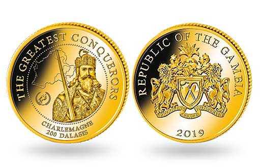 Карл Великий на памятной золотой монете Гамбии
