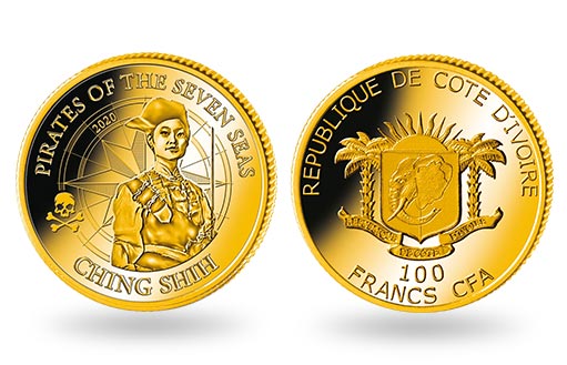 портрет женщины-пирата на золотой монете Кот-д’Ивуар