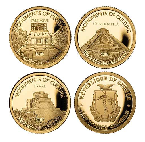 3 монеты из золота, посвященные мексиканским культурным памятникам