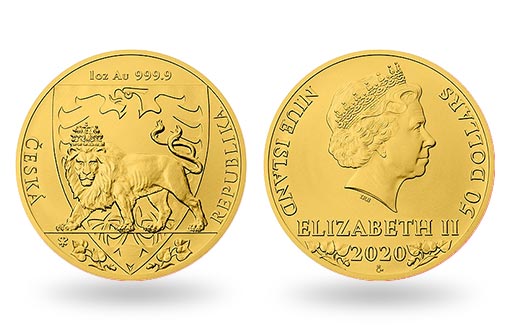 чешский лев на золотых инвестиционных монетах Ниуэ