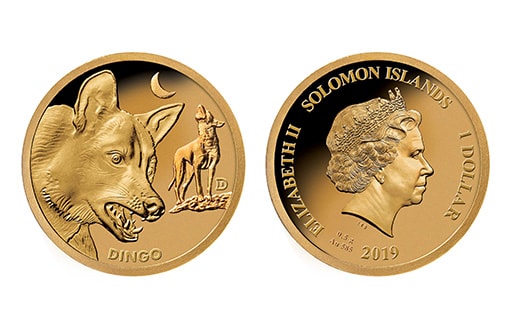 золотая монета Соломоновых Островов с собакой Динго