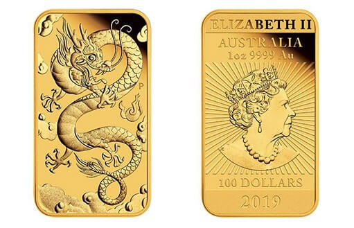 прямоугольная золотая инвестиционная монета с изображением восточного мифического «Дракона»