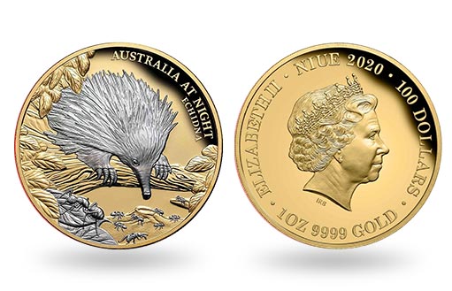 ехидна отчеканена на монете из золота с платиновым покрытием по эмитенту Ниуэ