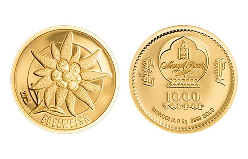 коллекционная монета из золота с изображением цветка Эдельвейса