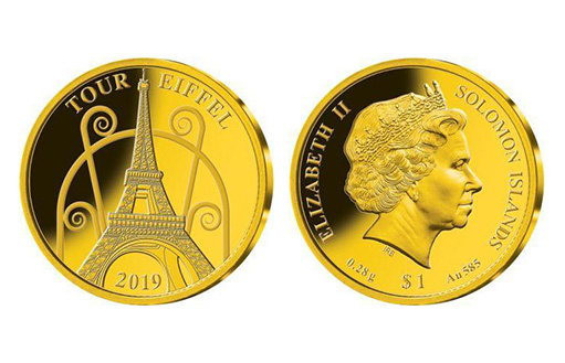 Памятная монета из золота с изображением знаменитой Эйфелевой башни в Париже