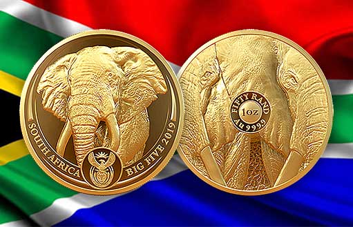 золотая монета из Южной Африки со слоном
