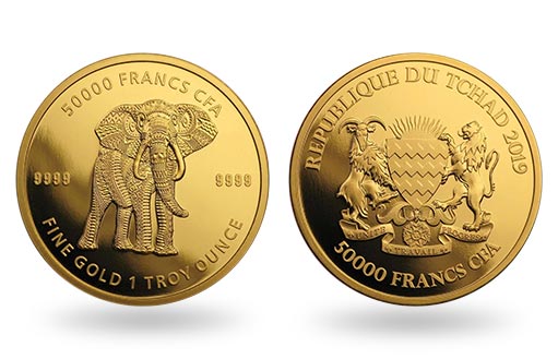 Слон-мандала на золотой монете республики Чад