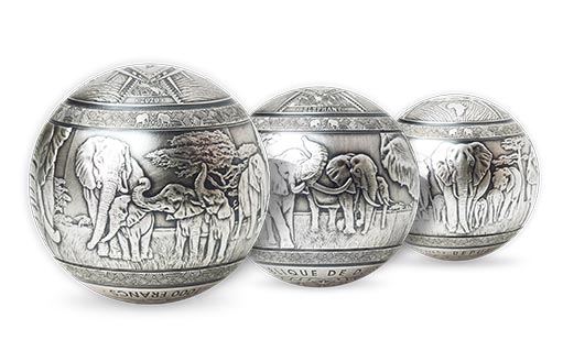 африканский слон на сферических монетах Джибути из 1 кг серебра