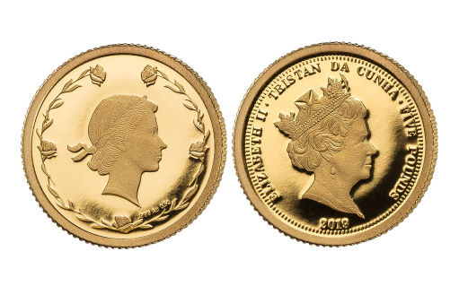 Портрет юной Елизаветы на золотых монетах Тристан-да-Кунья