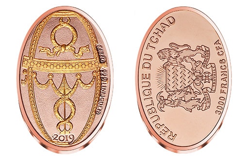 Отчеканена фигурная золотая монета яйцеобразной формы, посвященная «Яйцу Фаберже»