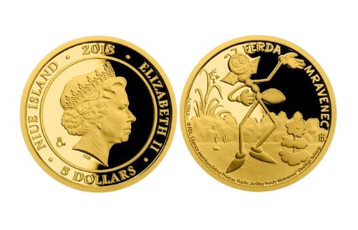 Мультяшный муравей Ферда на пятидолларовых золотых монетах Ниуэ