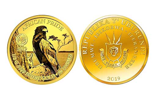 Памятная золотая монета из нумизматической серии «Африканский Прайд» под названием «Орел-скоморох».