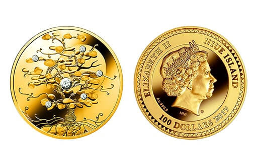 монета из золота с изображением «Дерева удачи», украшенная бриллиантами