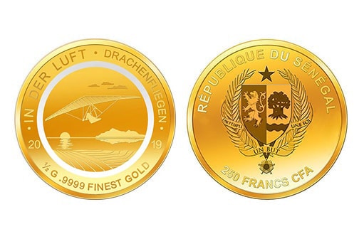 сенегальская золотая монета, посвященная дельтапланеризму