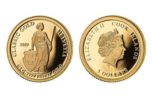 памятная монета из золота в честь Гельвеции, символизирующей Швейцарию