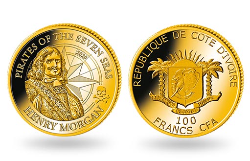 золотая монета Кот-д'Ивуар с портретом пирата Генри Моргана