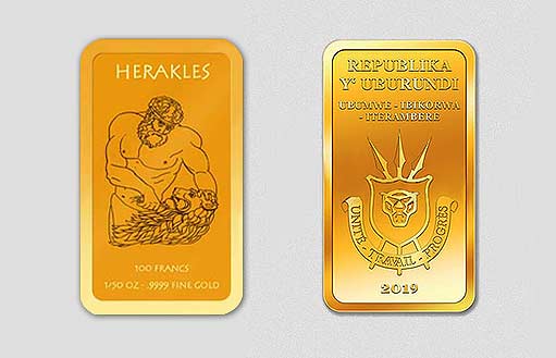 Прямоугольная золотая монета-слиток из нумизматической серии «Греческие Боги», посвященная герою древнегреческих мифов Гераклу.