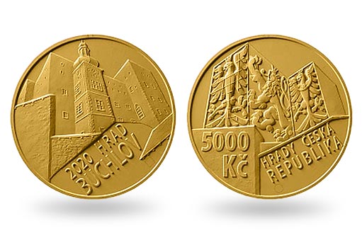 золотая монета с видом на чешский замок в Бухлове