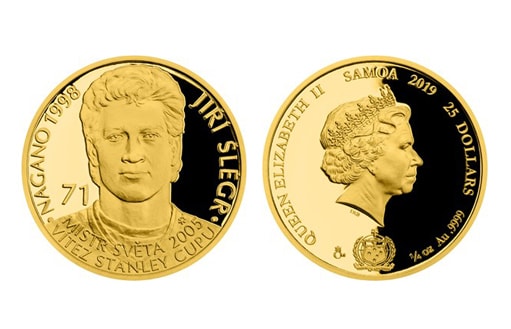 Памятная золотая монета из цикла «Легенды чехословацкого хоккея» в честь знаменитого хоккеиста Иржи Шлегра