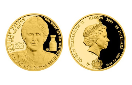 Коллекционная золотая монета из цикла «Легендарные чехословацкие хоккеисты» с изображением хоккеиста Ярослава Поузара