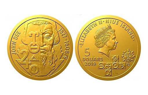 Золотая монета из нумизматического мини-цикла «Алхимики», посвященная известному алхимику XVI-XVII веков Джону Ди.