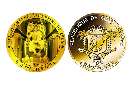 золотая монета Кот-д’Ивуара с изображением статуи Зевса