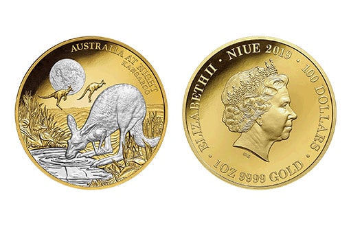 Монета из золота по эмитенту Ниуэ с «прыгающими кенгуру»