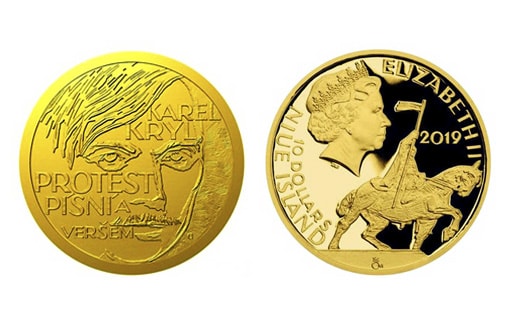 Памятная золотая монета из нумизматического мини-цикла «Дорога к свободе», посвященная чешскому автору-исполнителю протестных песен — Карелу Крылу.
