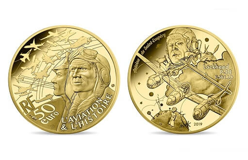 монета из золота в честь Антуана де Сент-Экзюпери, которому довелось пилотировать его