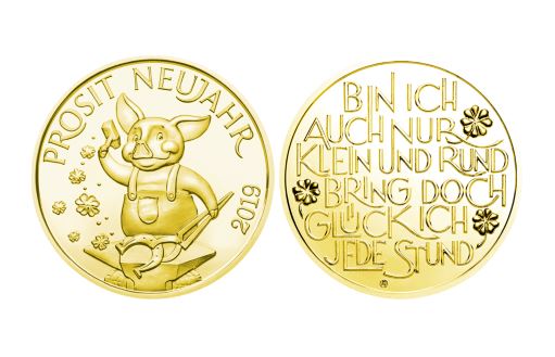 Австрийские монеты-талисманы с изображением поросенка, кующего подковы счастью