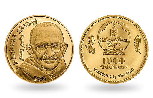 портрет Махатмы Ганди на золотой памятной монете Монголии