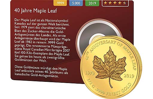 Коллекционная золотая монета, посвященная 40-летию первой чеканки знаменитого «Кленового листа» Канады.
