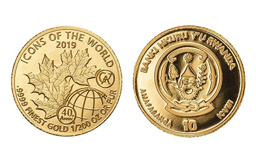 коллекционная золотая монета Руанды с клевыми листьями