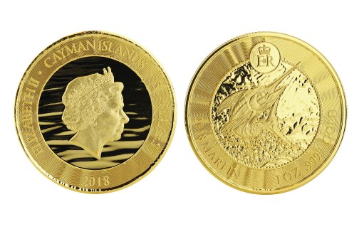 Голубой марлин Атлантики на золотых монетах Каймановых Островов