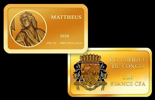 Монета-слиток из золота, изображающая библейского Апостола Матфея