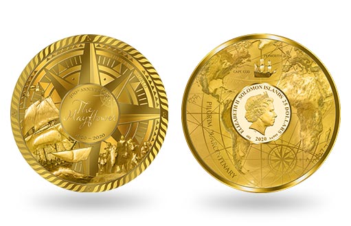 гибель парусного судна Мейфлауэр на золотой памятной монете островов Соломона