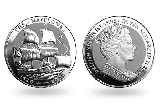серебряная монета с парусником Мейфлауэр
