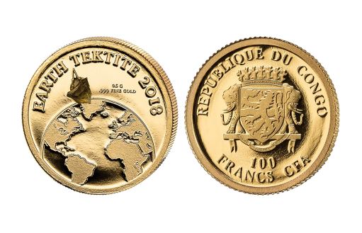 Фрагмент метеорита с Меркурия на новой золотой монете Республики Конго